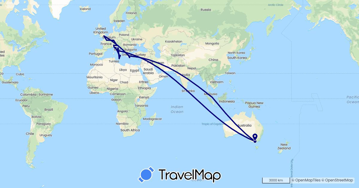 TravelMap itinerary: driving in Australia, Germany, France, United Kingdom, Greece, Italy, Malta, Singapore (Asia, Europe, Oceania)